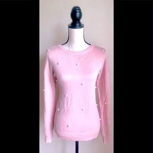 Pale Ballet Pink Sweater w/ Faux Pearls Accents, Sz. L